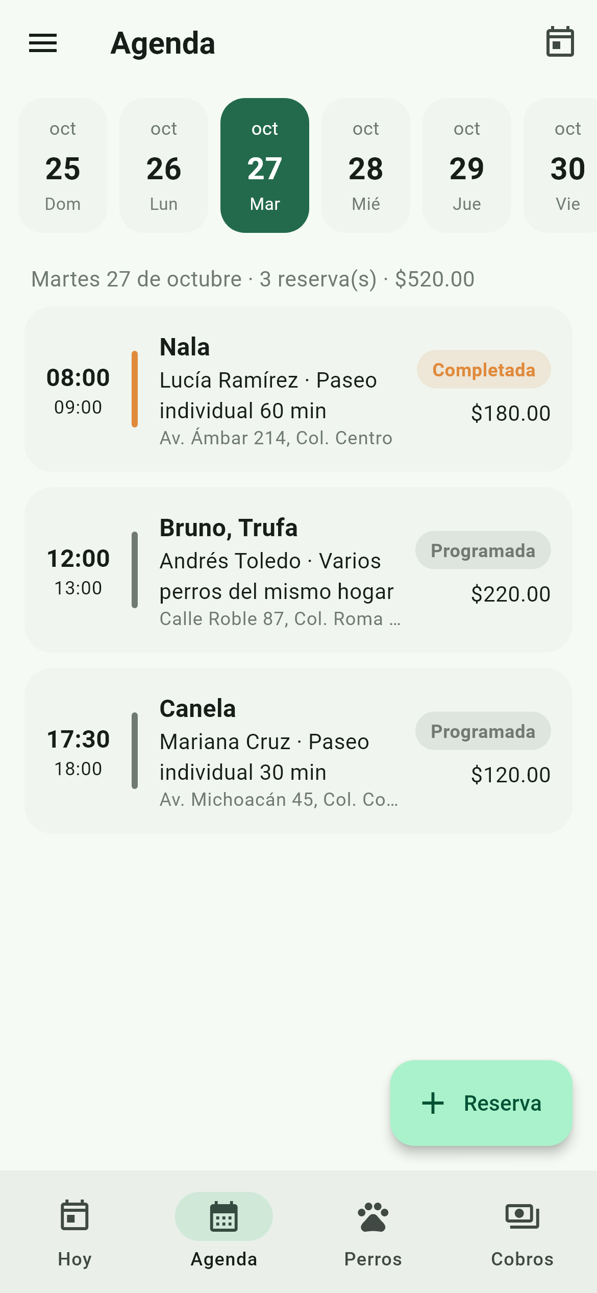 Pantalla Agenda con catorce días y las reservas de hoy