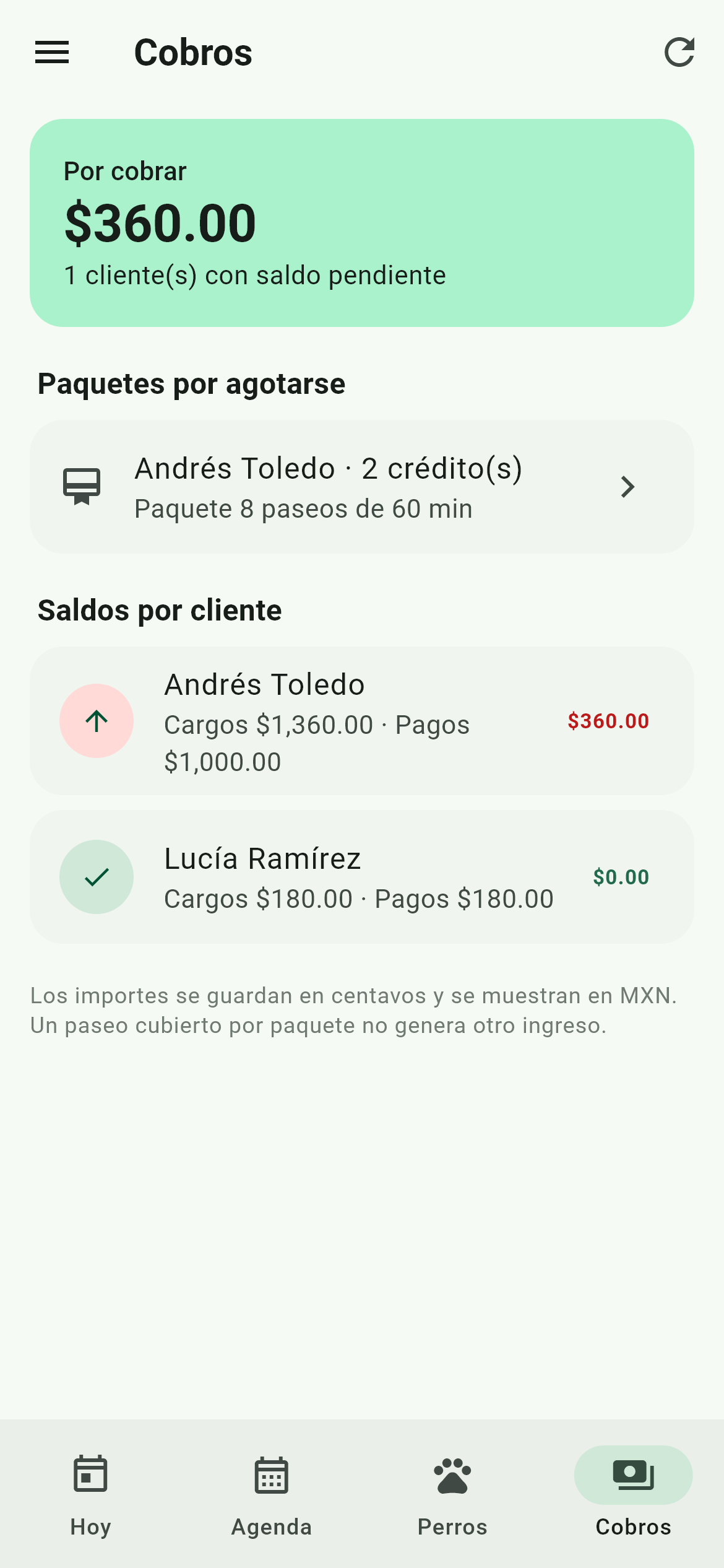 Pantalla Cobros con saldos por cliente y paquetes por agotarse