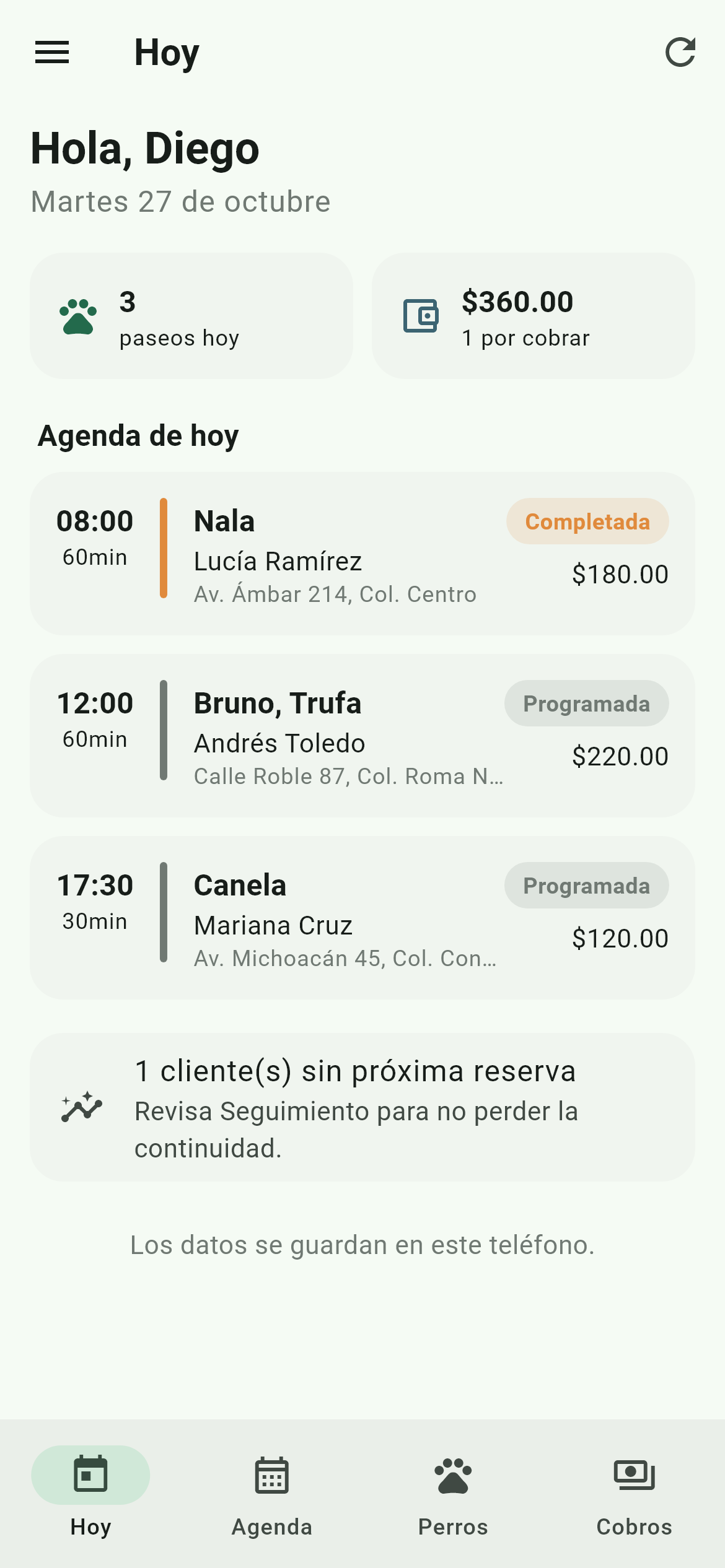 Pantalla Hoy con la agenda del día, los paseos y el total por cobrar