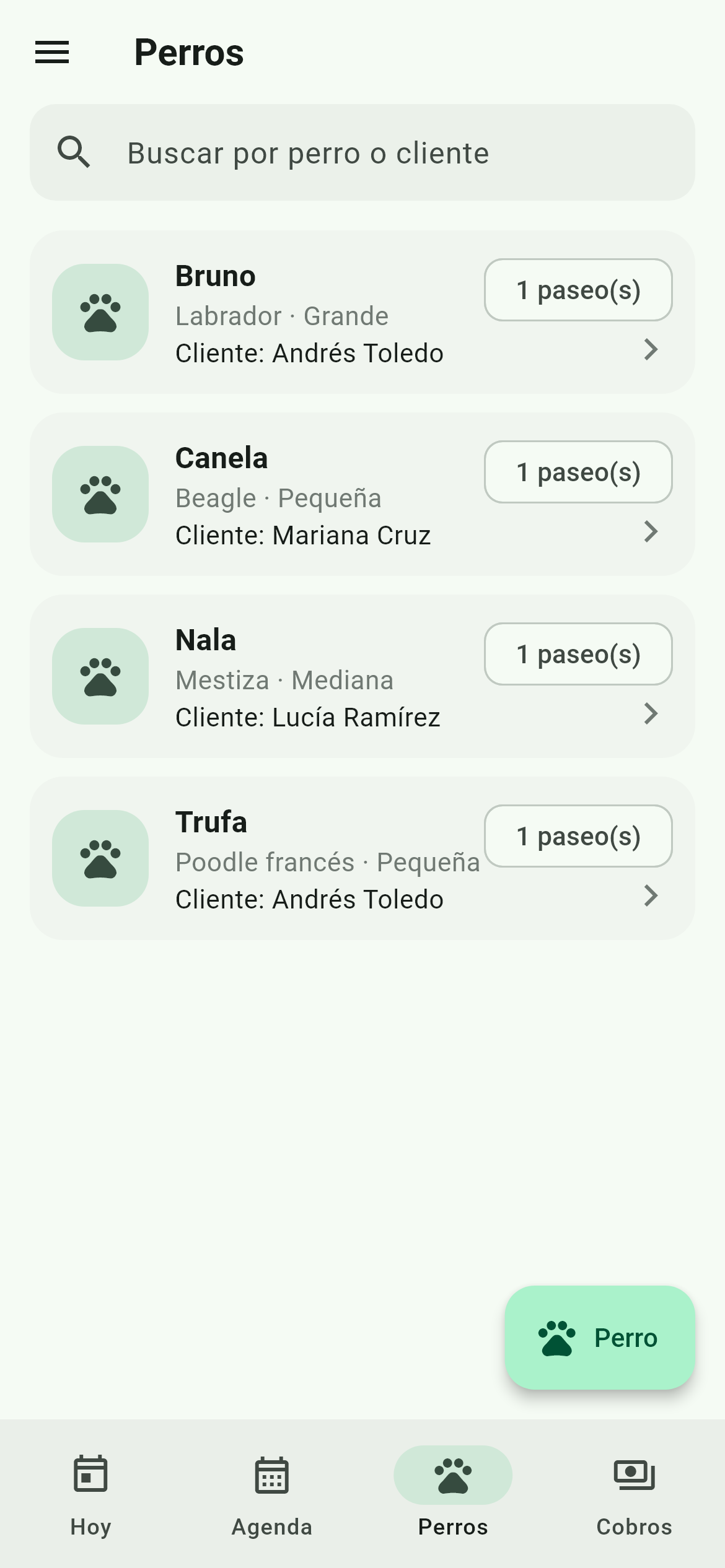Pantalla Perros con búsqueda por perro o cliente